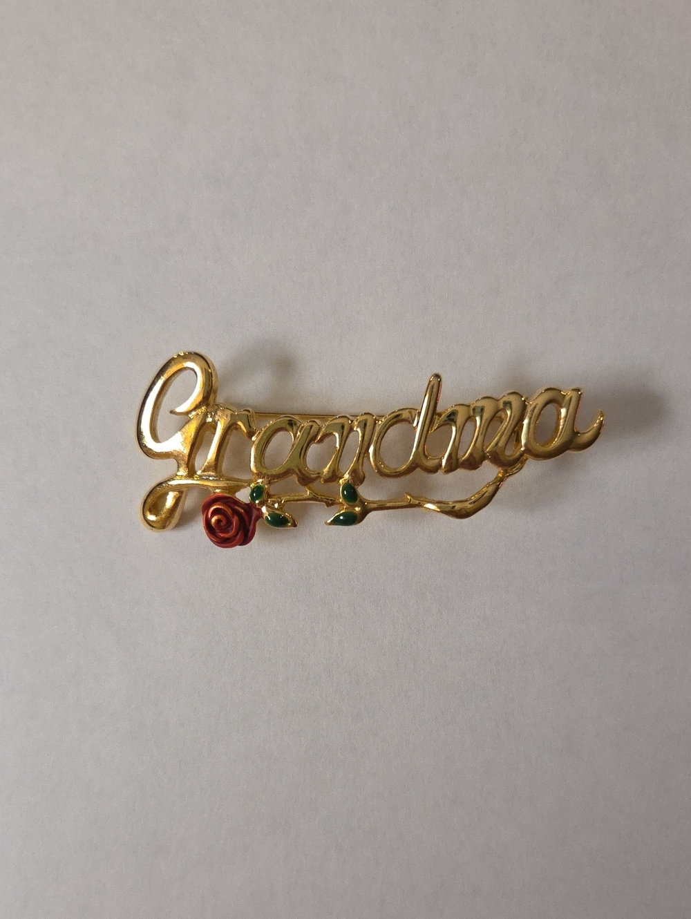 Gold 'Grandma' Script Brooch with Red Rose Accent